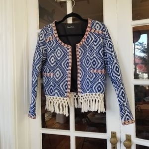 Boho Textured Blazer With Embroidery & Fringe Hem - image 1